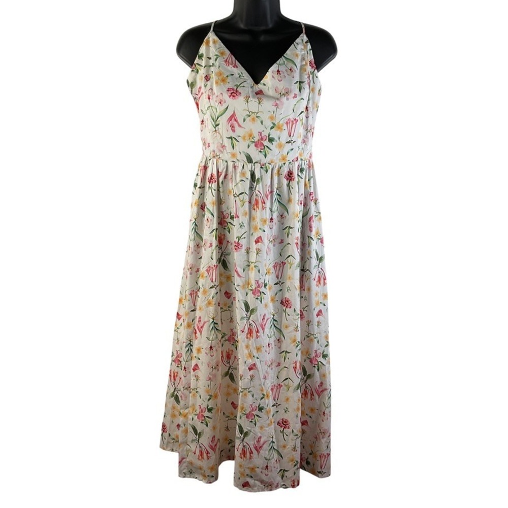 H&M Floral Cotton Midi Sundress White Pink Yellow Smocked Back Strappy Womens M - Picture 2 of 16